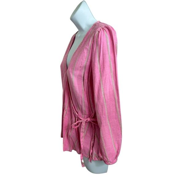 Old Navy Wrap Top Size Small Pink Striped Long-Sleeve Blouse Cotton Blend - Picture 5 of 7